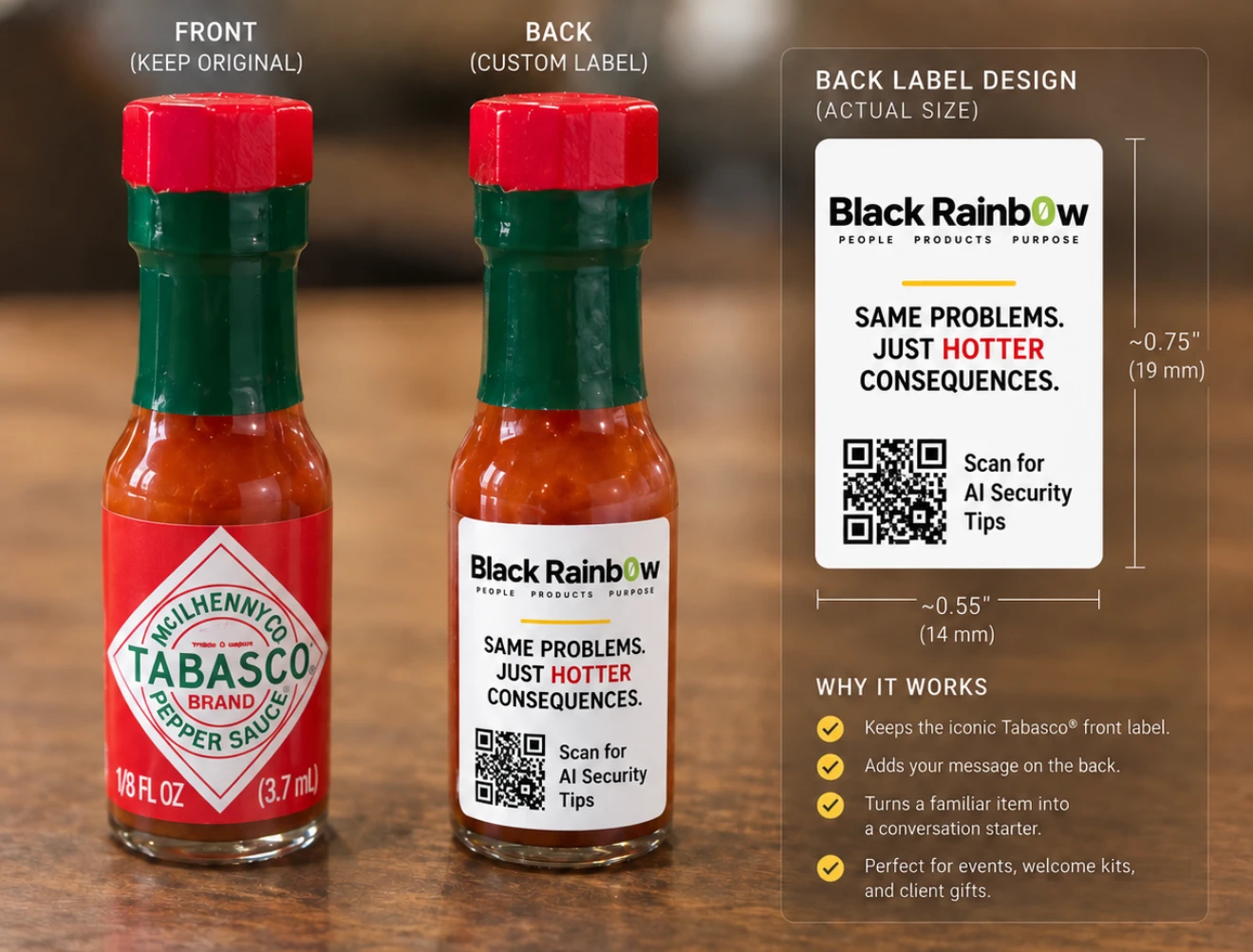Concept sheet for a mini hot sauce: the original front, a custom Black Rainb0w back label, and the actual-size label design with a QR code